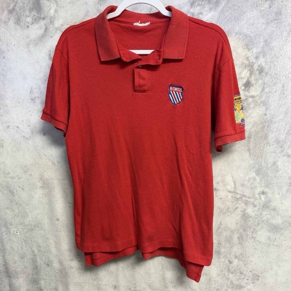 Vintage K-Swiss 90s Taiwan Tennis Open Polo T Shirt Red Medium 19.5x24